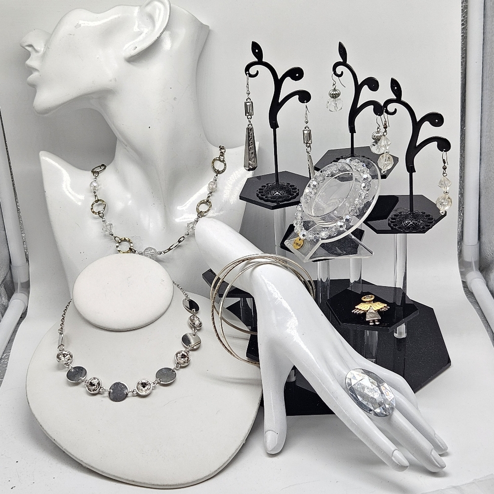 Mixed Jewelry Lot Silver Tone Vintage Retro Ring Necklace Bracelet Earrings Gem